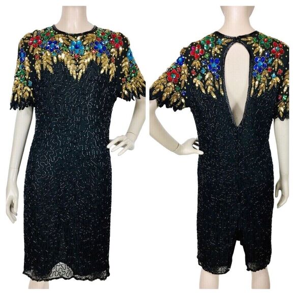 Vintage 80s 100% Silk Beaded Sequined Bright Colored Cocktail Party Dress Carina - Picture 2 of 10